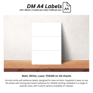 DM A4 Labels 210.0mm x 99.0mm - Matt, White, Laser, 70GSM