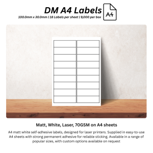 DM A4 Labels 100.0mm x 30.0mm - Matt, White, Laser, 70GSM