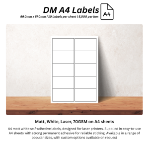 DM A4 Labels 99.0mm x 57.0mm - Matt, White, Laser, 70GSM