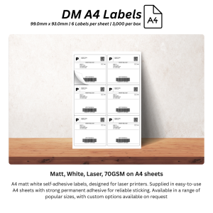 DM A4 Labels 99.0mm x 93.0mm - Matt, White, Laser, 70GSM