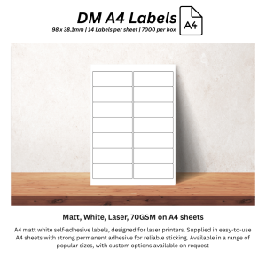 DM A4 Labels 98.0mm x 38.1mm - Matt, White, Laser, 70GSM