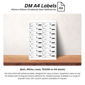 DM A4 Labels 99.1mm x 34.0mm - Matt, White, Laser, 70GSM