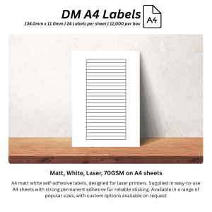 DM A4 Labels 134.0mm x 11.0mm - Matt, White, Laser, 70GSM