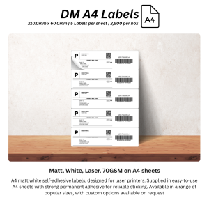 DM A4 Labels 210.0mm x 60.0mm - Matt, White, Laser, 70GSM