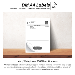 DM A4 Labels 200.0mm x 289.0mm - Matt, White, Laser, 70GSM
